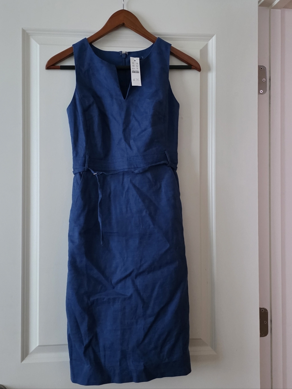 J. Crew Linen Blend Vneck Dress Belted Womens 00P NWT Preppy Coastal Chic Blue
